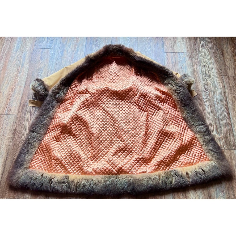 Vintage 60s 70s Tan Coat Genuine Fur Trim Quilted Lining Belted Mod Camel M/L - Picture 3 of 13